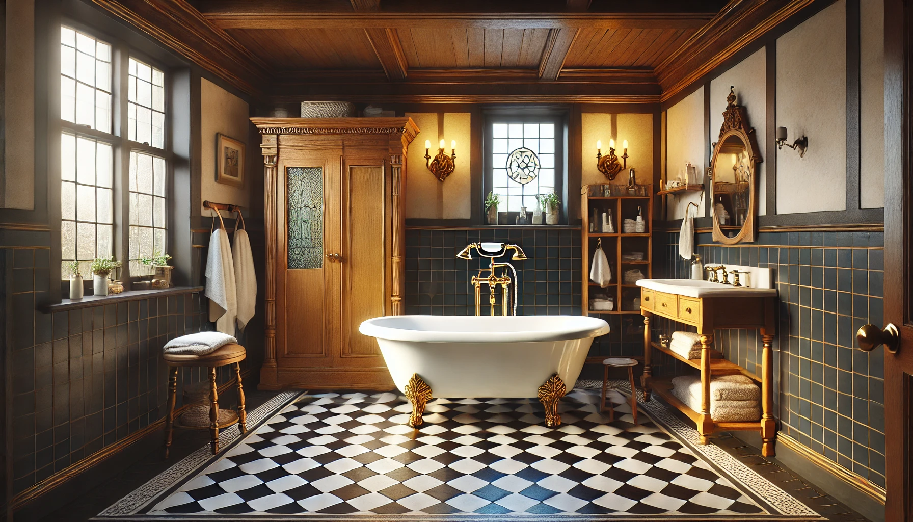 Tudor-style bathroom with a clawfoot tub, brass fixtures, checkerboard flooring, wooden vanity, open shelves, and a stained-glass cabinet panel.