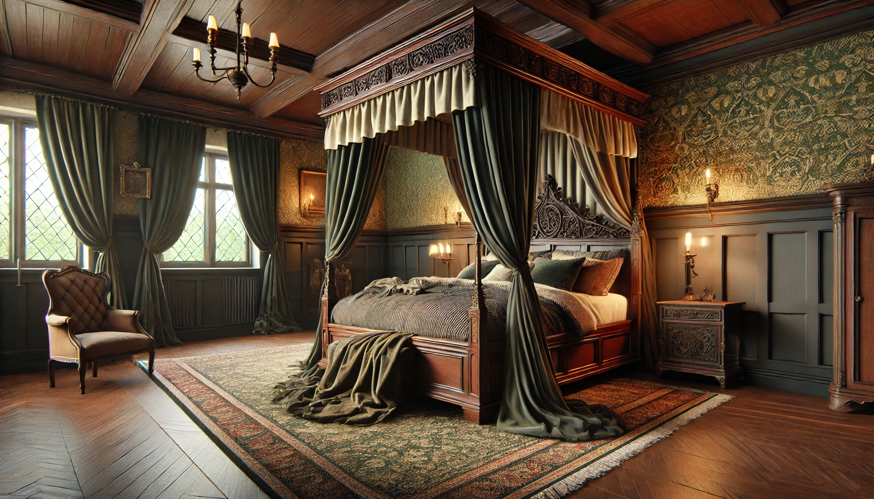 Tudor-style bedroom with a dark wooden canopy bed, heavy curtains in muted greens, a patterned rug, wood panel accent wall, and vintage lighting.
