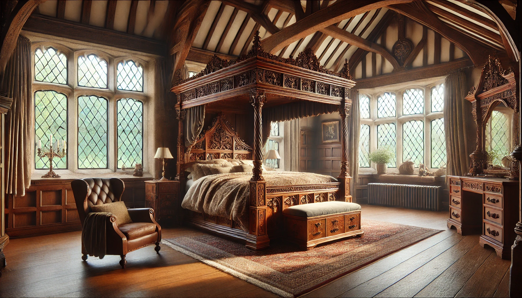 Tudor-style bedroom with wooden beams, a canopy bed, leaded glass windows, a stone fireplace, and vintage furniture in warm lighting.