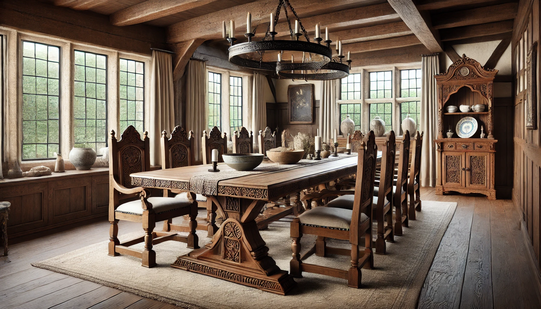 Tudor-style dining room with a massive wooden table, high-backed carved chairs, a wrought iron chandelier, and simple ceramic decor.