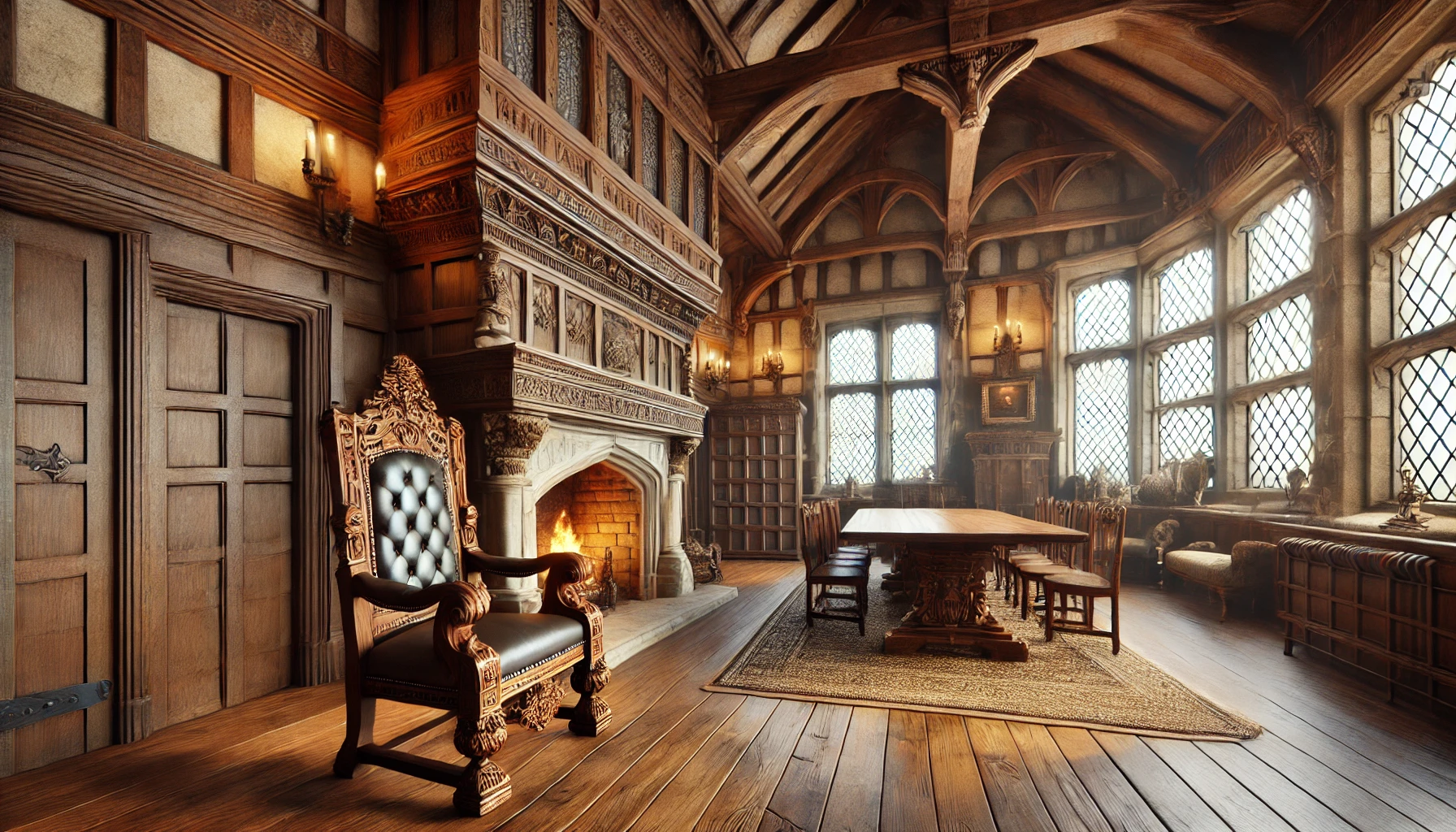 Tudor-style interior with wooden beams, leaded glass windows, a stone fireplace, and luxurious furniture in warm natural lighting.