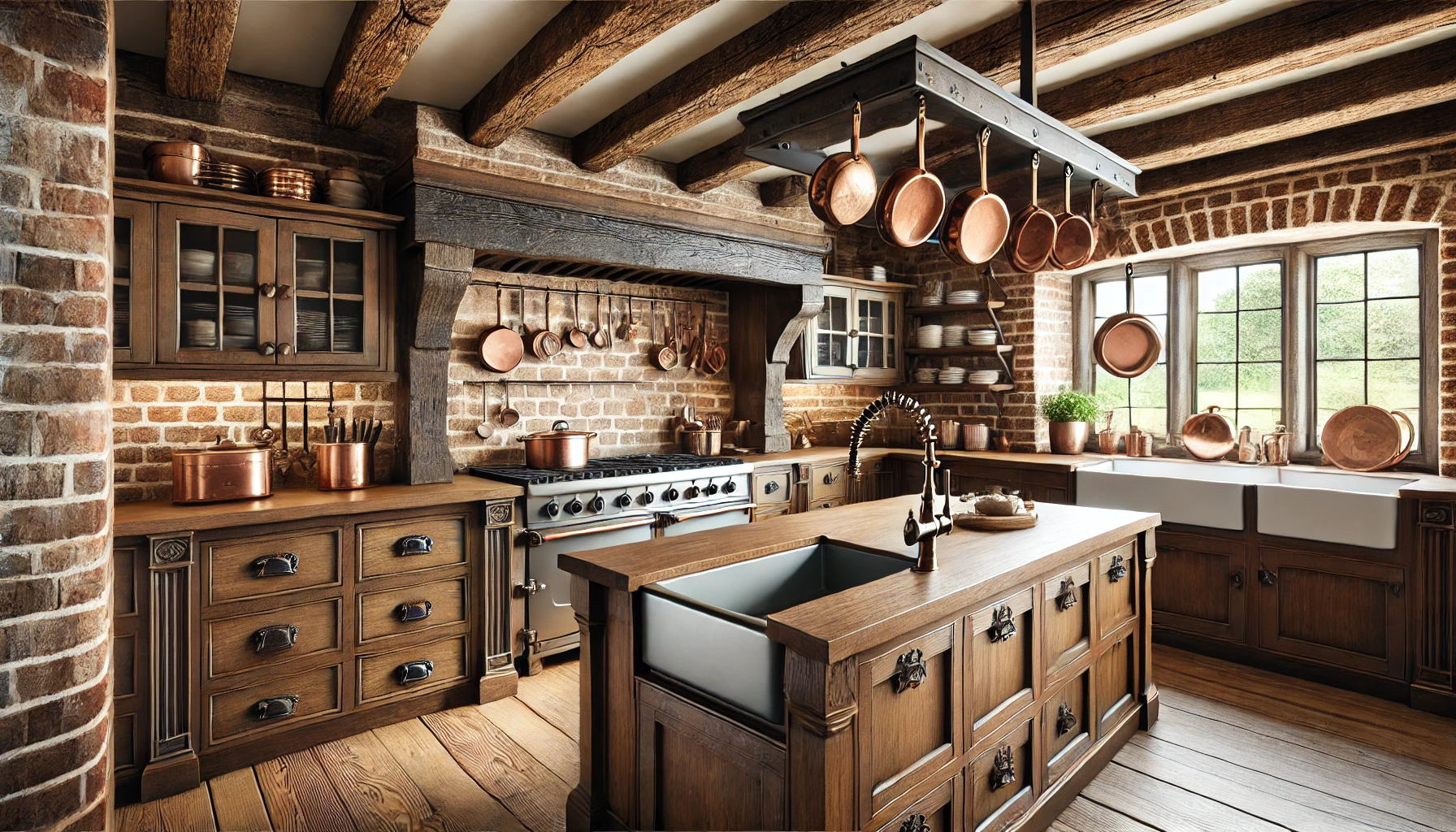 Tudor-style kitchen with exposed wooden beams, brick backsplash, dark-stained cabinets, a farmhouse sink, and hanging copper cookware.
