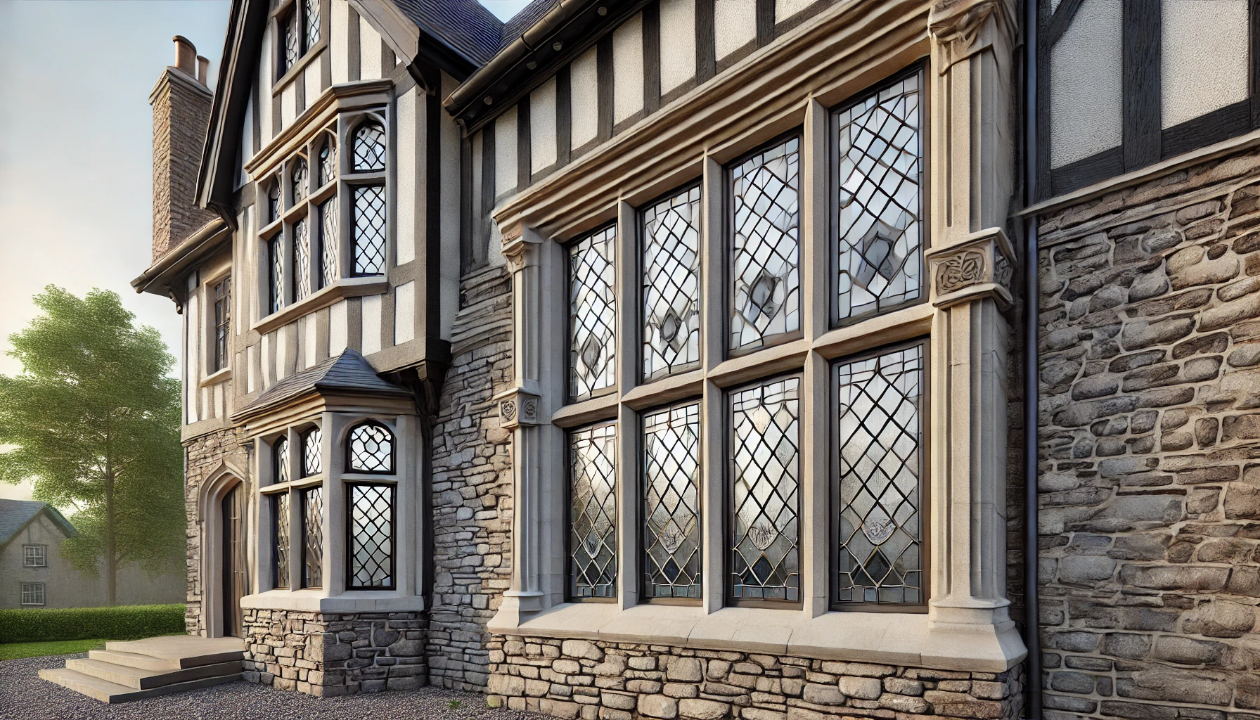 Tudor-style house with diamond-patterned leaded windows set in stone mullions, surrounded by half-timbering and textured stone walls.