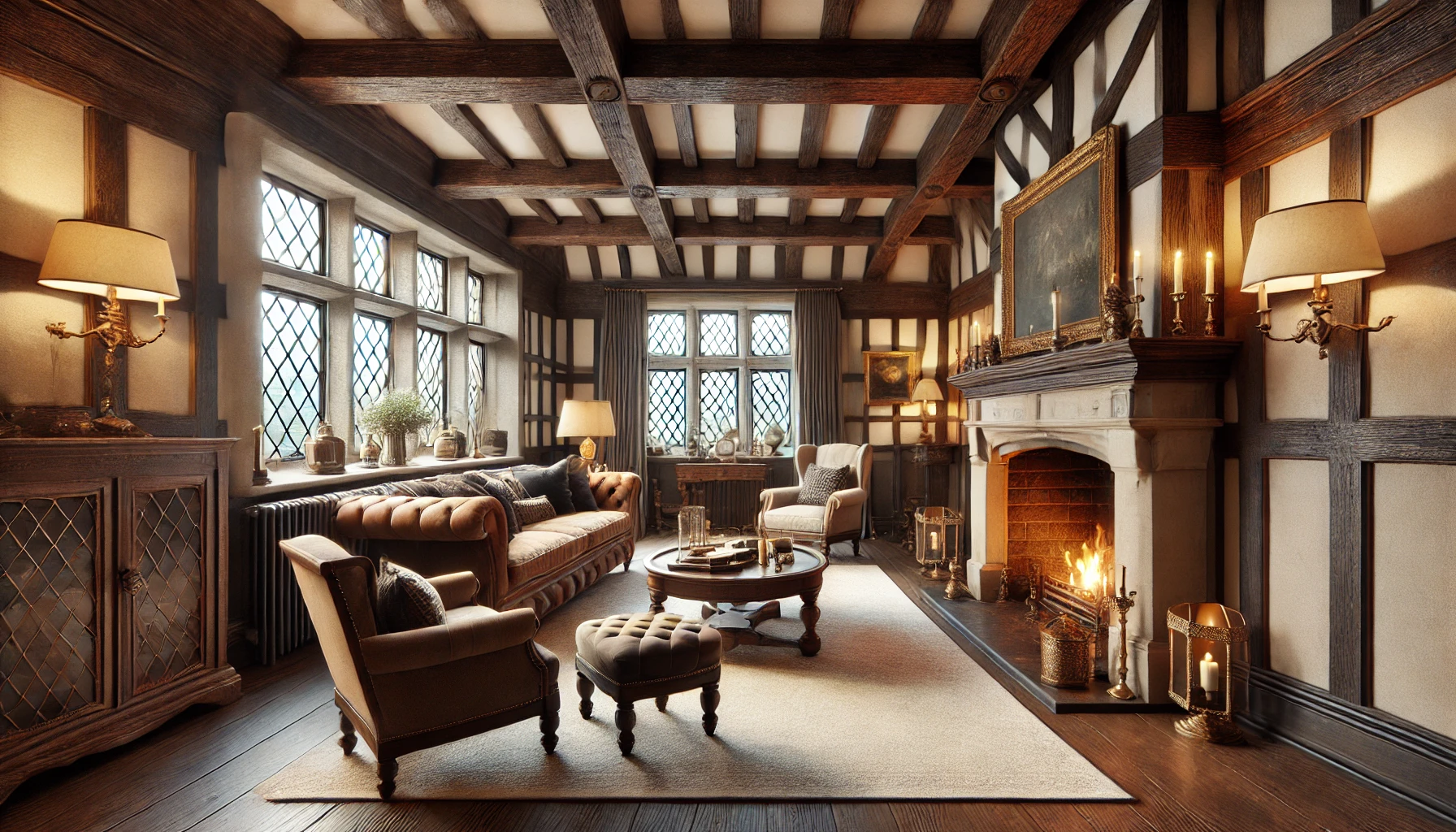 Tudor-style living room with dark exposed wooden beams, a stone fireplace, leaded windows, cozy furniture, and antique-inspired decor.