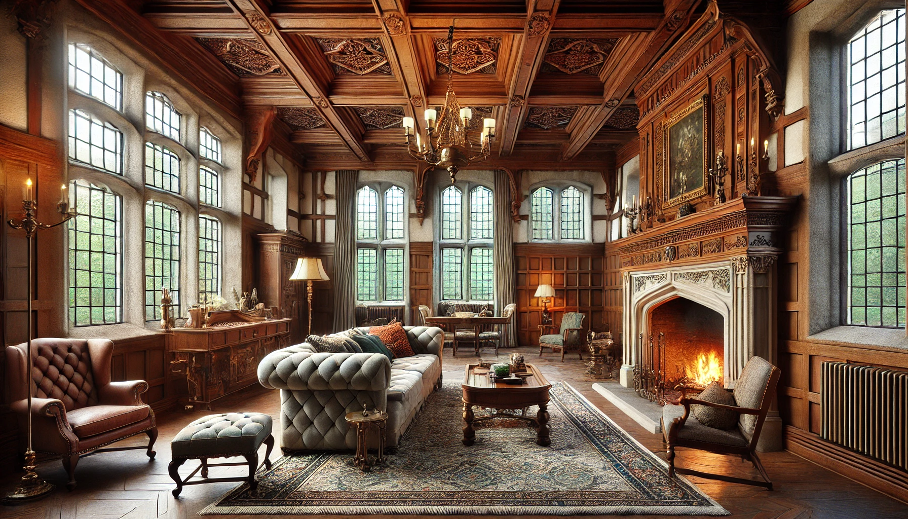 Tudor-style living room with wooden beams, a stone fireplace, leaded windows, vintage furniture, and warm natural lighting.