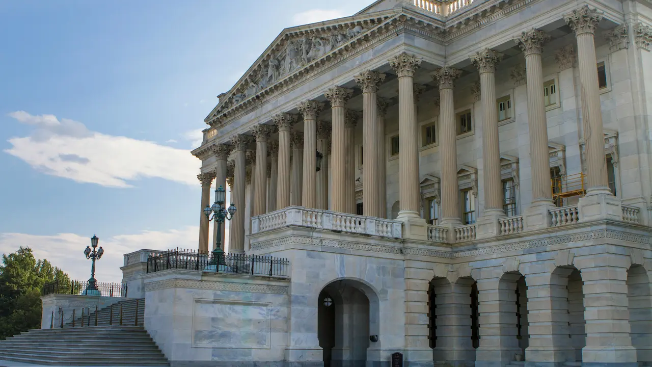 A view of the United States Capitol Building in Washington, DC, showcasing its neoclassical architecture.