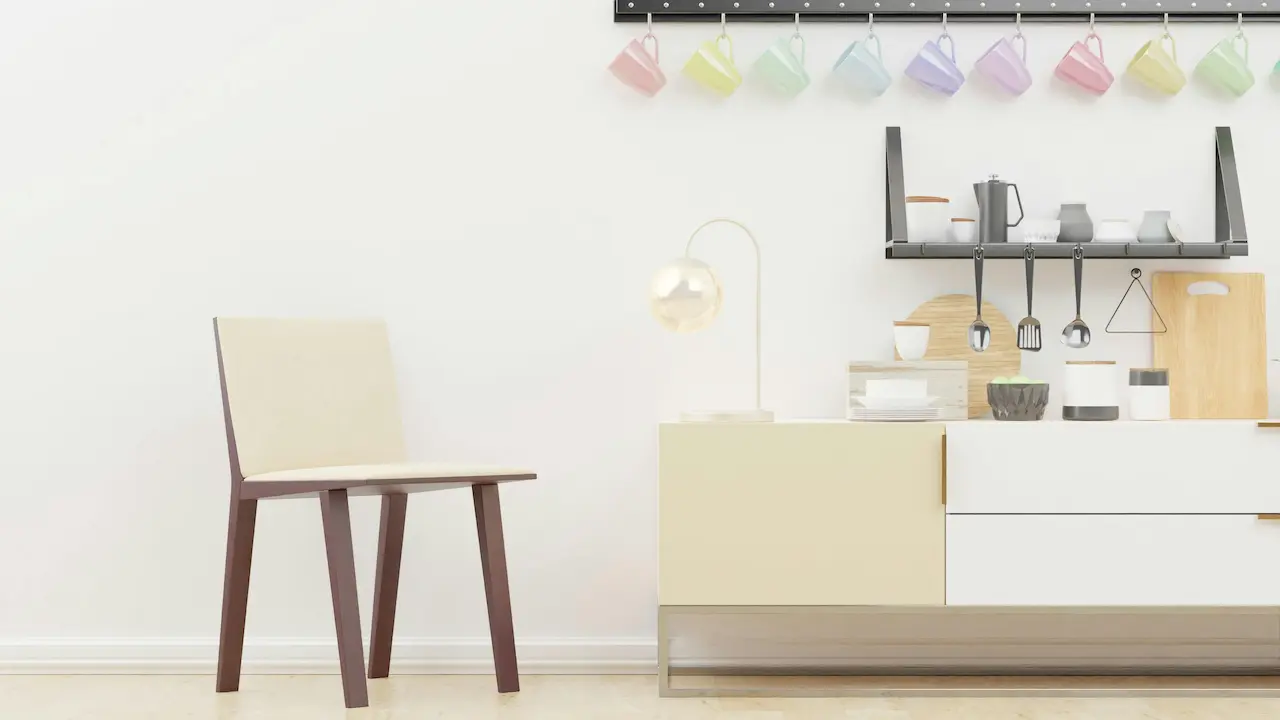 white wooden table near white wall in modern interior