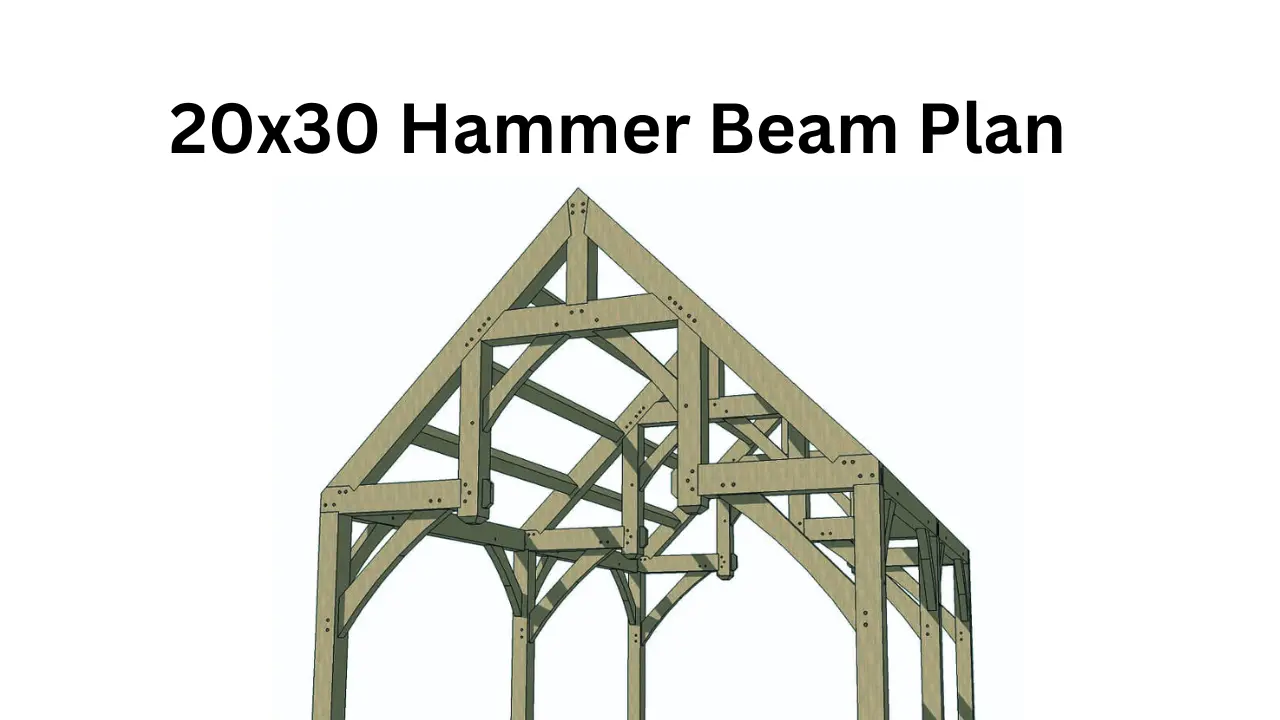 Architectural plan showing a 20x30 hammer beam structure from the left-front view, with detailed truss design for roof support.