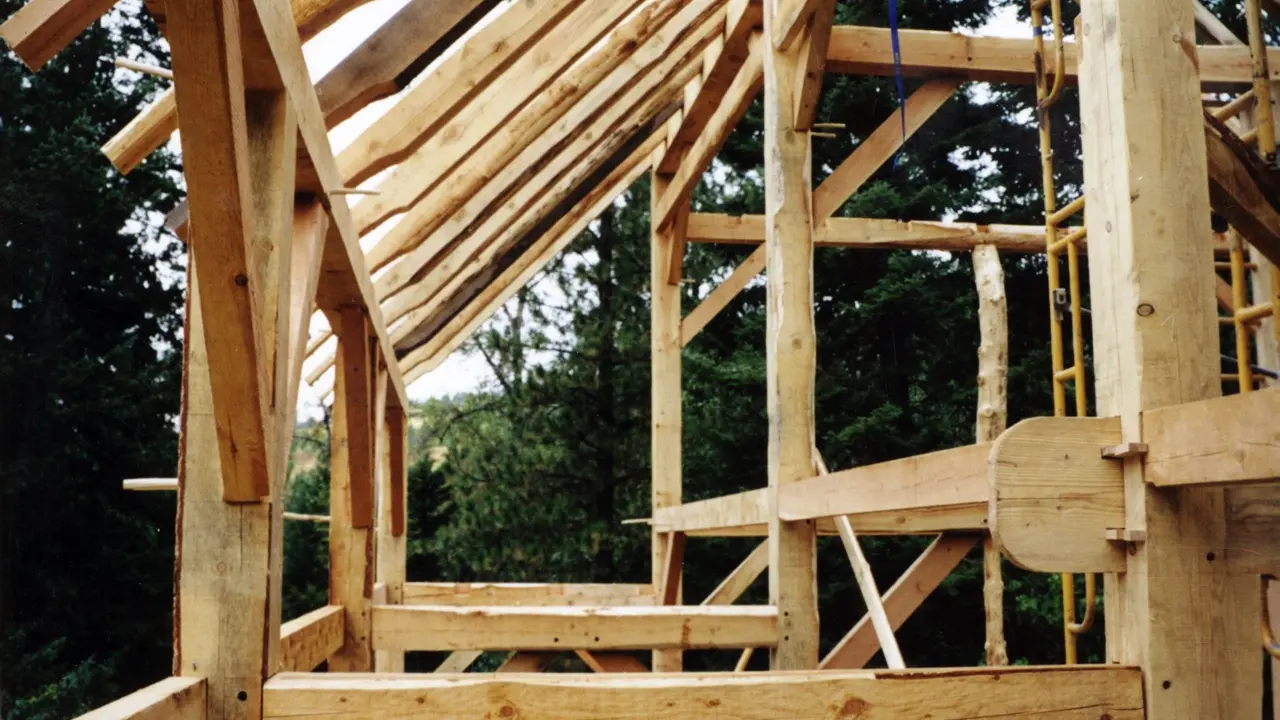 Close-up detail of a Styer Barn, highlighting the end of the tie beam at the lower right for structural support.