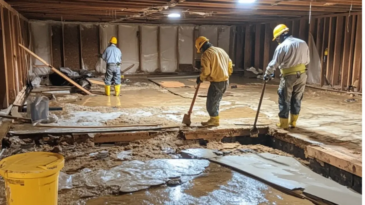 Construction workers repairing a leaking basement foundation in a dimly lit space, addressing groundwater issues.