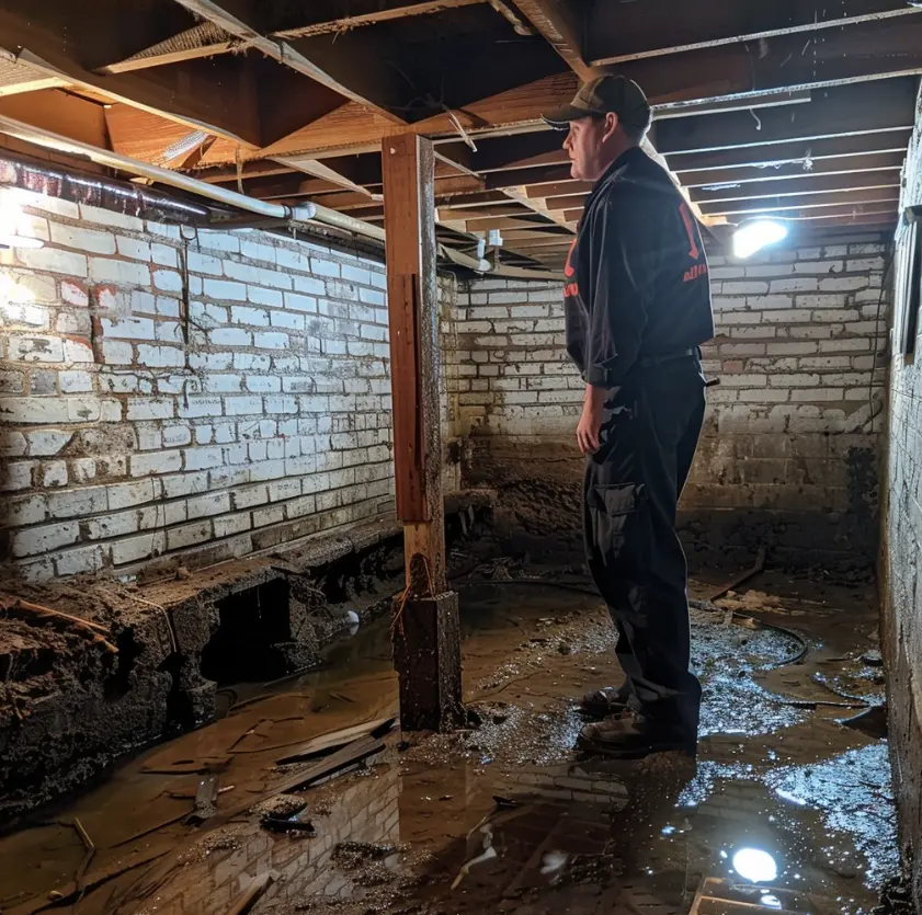 A man standing in a basement foundation, staring in shock at water leaking from the groundwork.