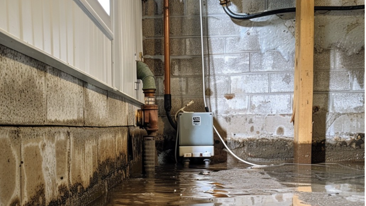 Water leaking through a basement wall during heavy rain, seeping onto the floor and causing moisture buildup.