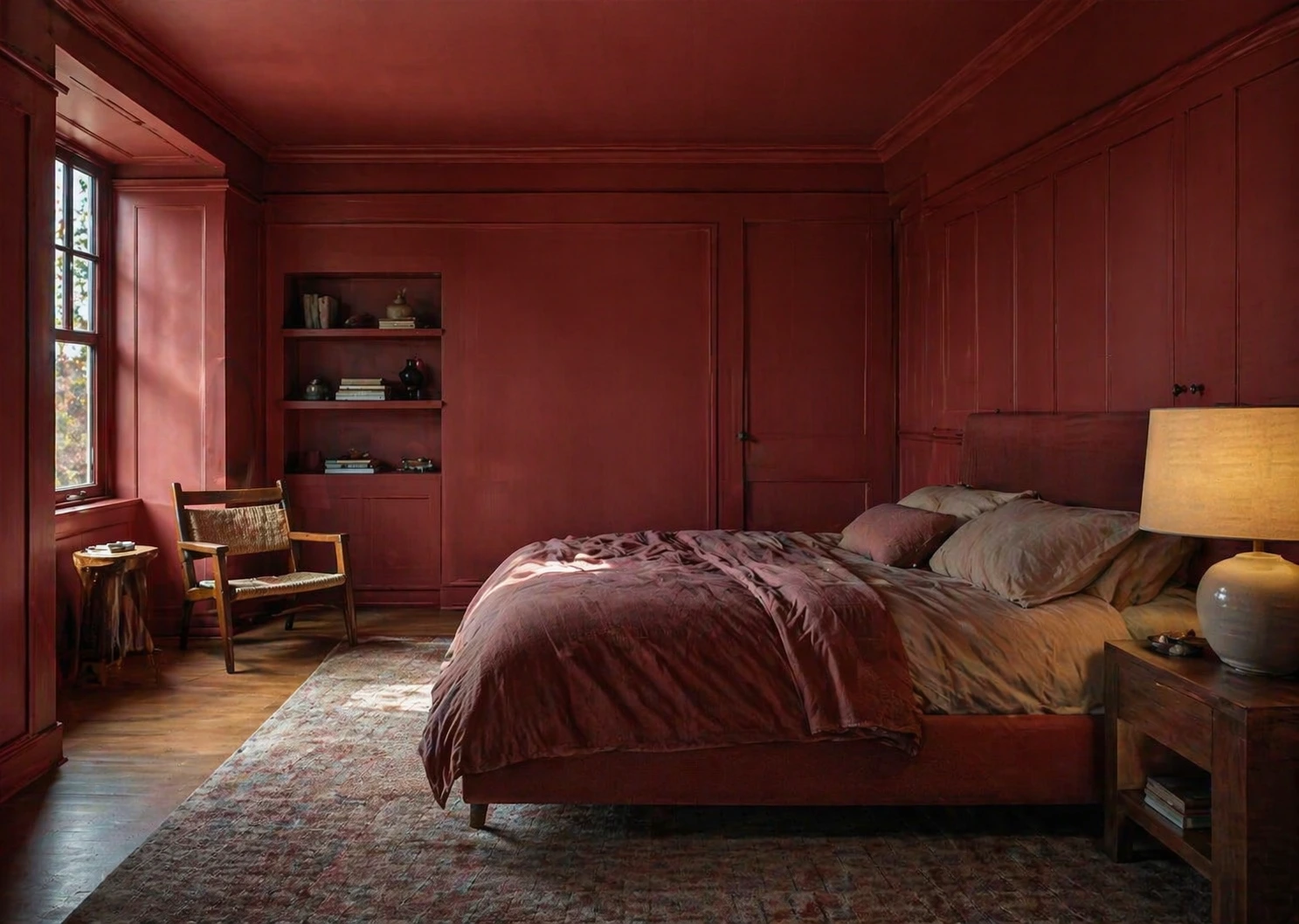 Color-drenched bedroom with deep red walls, ceiling, trim, and built-ins in a contemporary interior.