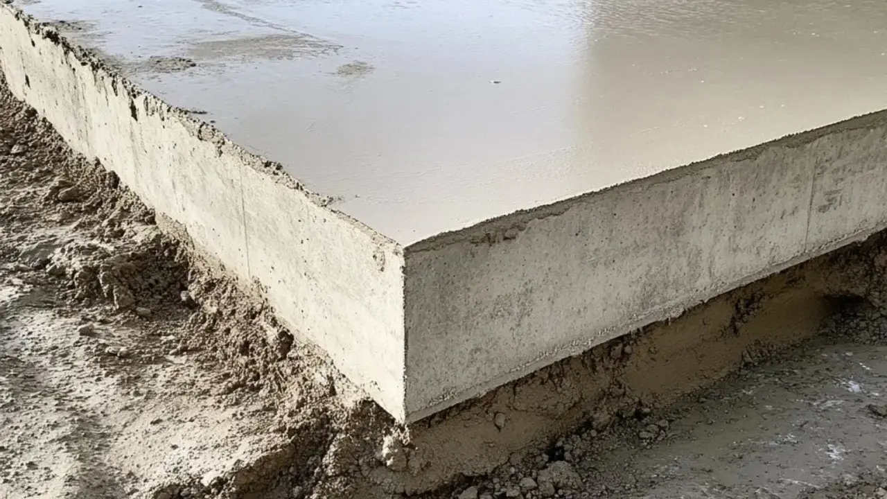 A freshly poured slab-on-grade foundation, smooth and curing for a strong, durable base.