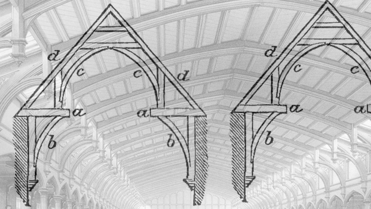 Close-up of a hammerbeam frame showcasing its intricate design, used in traditional architecture to support the roof while maintaining open spaces below.