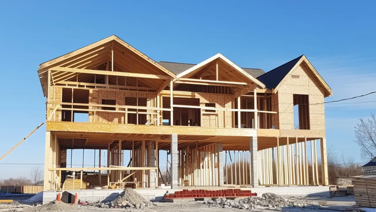 A house in framing stage; timber trusses in action.