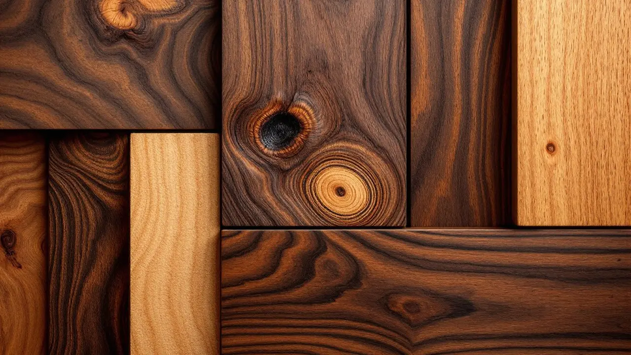 A variety of luxurious hardwood patterns, featuring rich textures, intricate designs, and premium wood finishes.