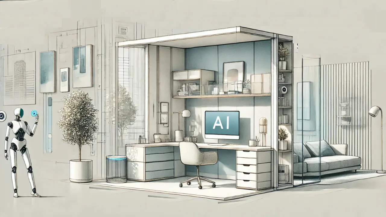 AI-powered space-saving solutions in a modern small living area, optimizing functionality and design.