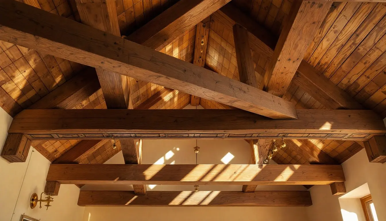 Sturdy oak beams forming a truss system, showcasing structural strength and craftsmanship.