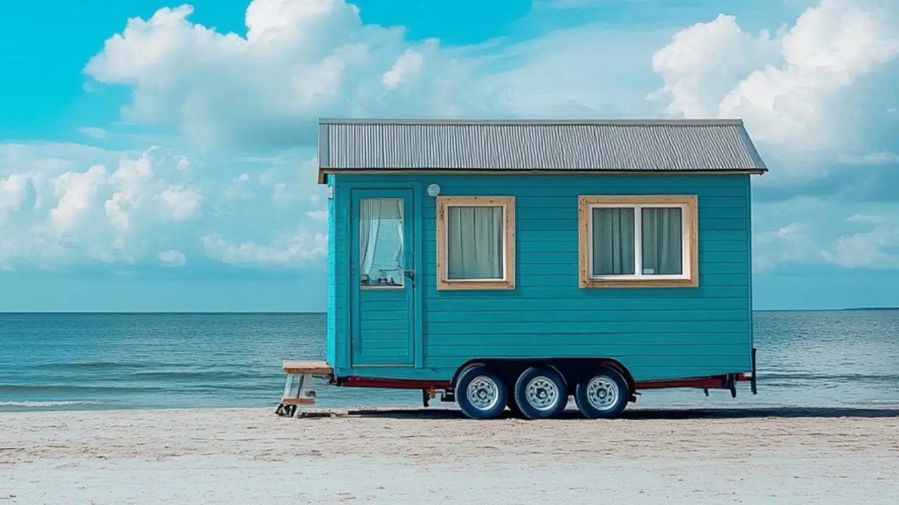 A cozy tiny house on wheels parked by the beach, offering a scenic ocean view and a minimalist lifestyle.