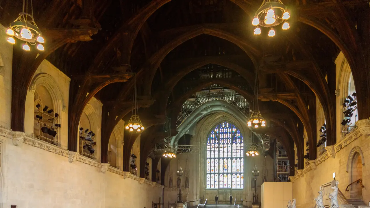 Westminster Hall, a medieval great hall in the Palace of Westminster, London, featuring an iconic hammer-beam roof.