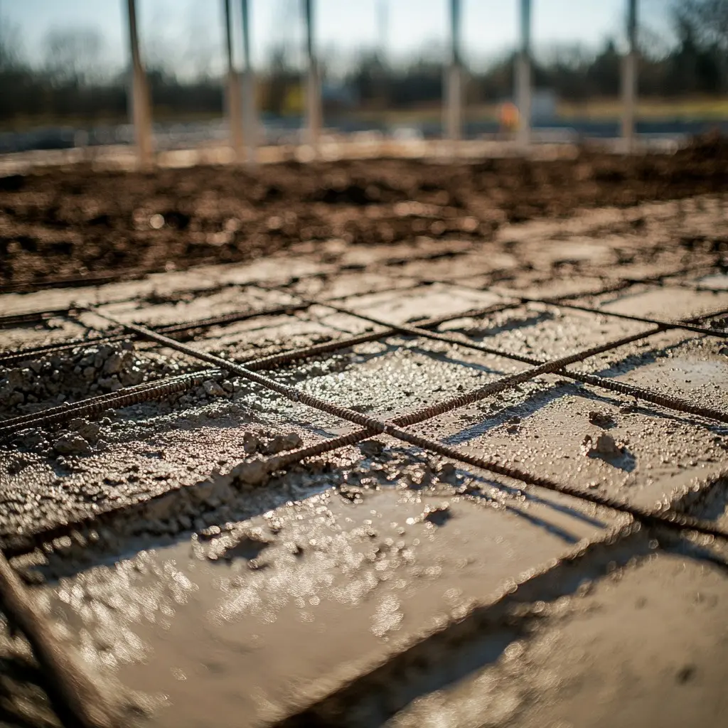 Freshly poured wet concrete settling within a steel reinforcement grid and wooden formwork, shaping the foundation for construction.