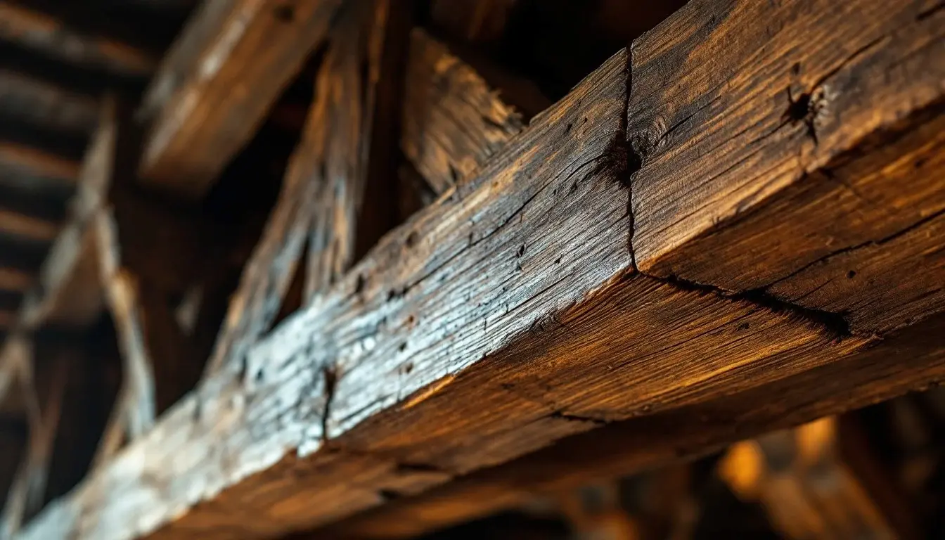 Centuries-old oak beams with weathered joints and authentic tool marks in historic timber architecture.