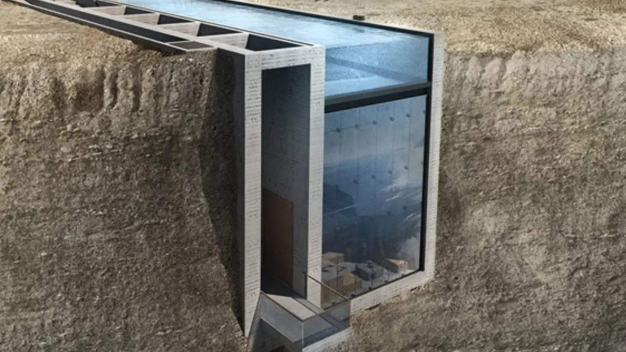 Casa Brutale in Greece, set into a cliffside, showcasing stunning views and a masterful use of concrete and glass.