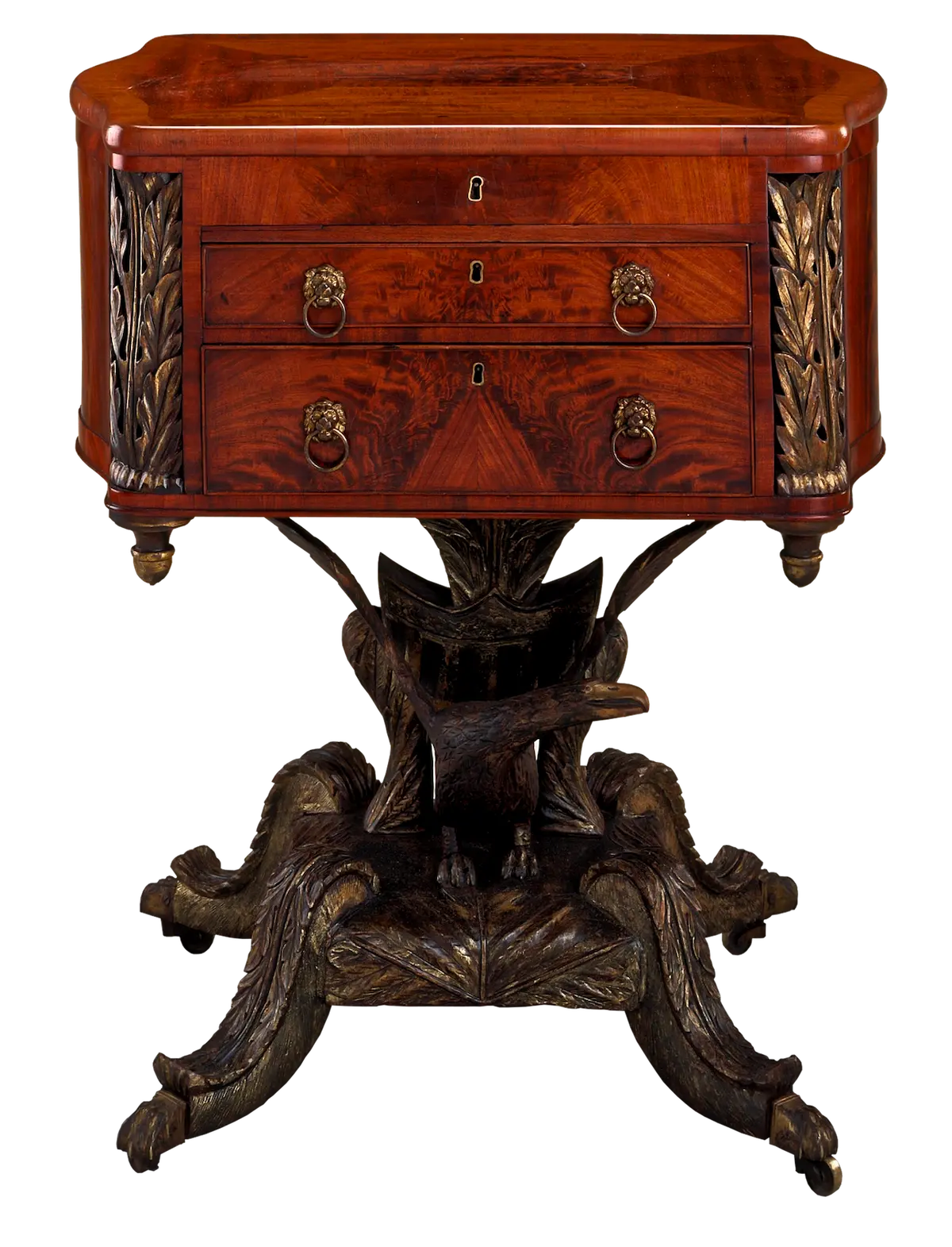 An antique work table made from mahogany, offering a sturdy and classic design with detailed wood grain.