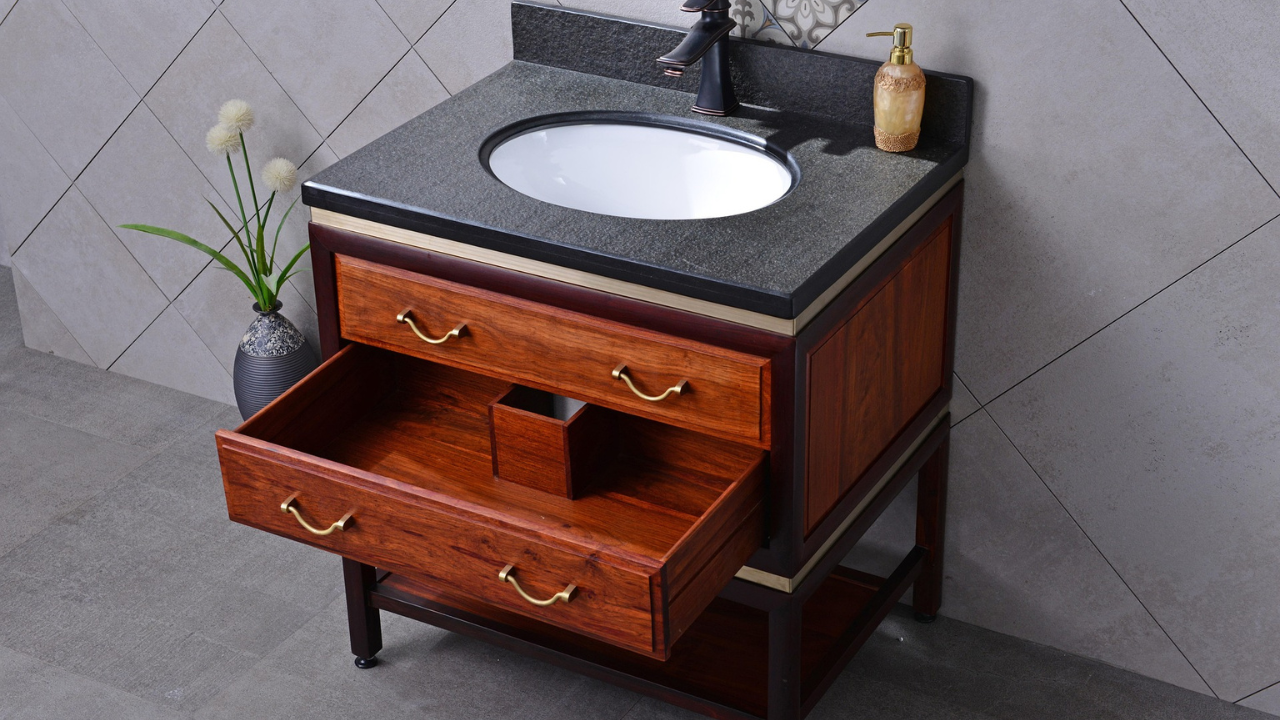 A luxurious bathroom sink made from mahogany wood, highlighting its rich texture and elegant design.