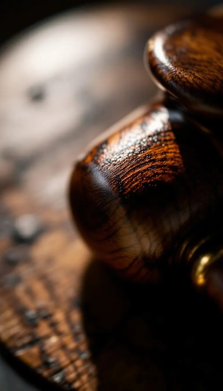 A finely crafted mahogany gavel with rich wood grain, polished surface, and brass accents symbolizing justice and authority.
