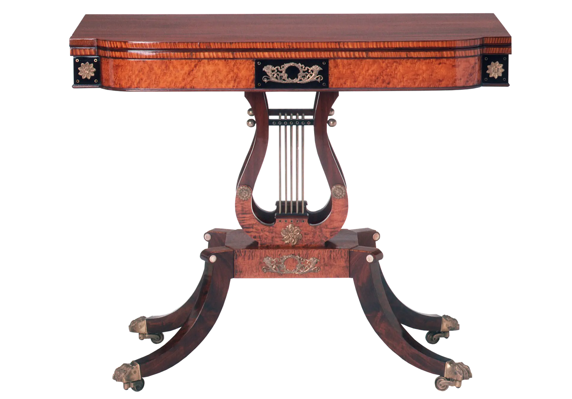 An ornate card table made from mahogany wood, featuring intricate details and a classic design.