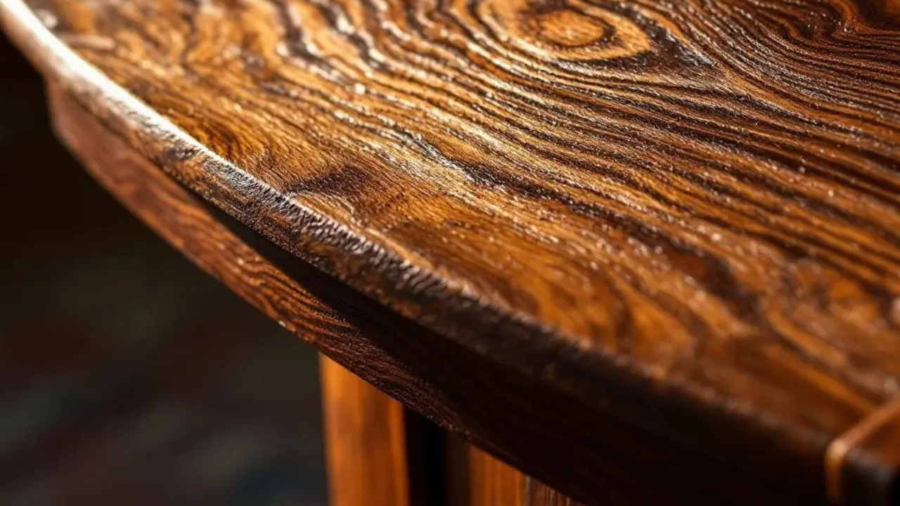 Deep swirls of mahogany wood grain flow across a polished surface, highlighted by dramatic lighting.