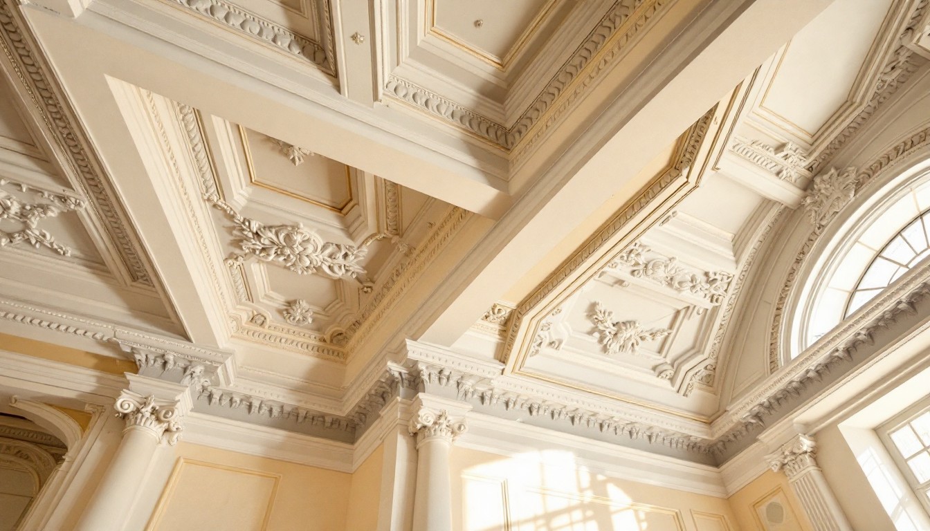 Intricate ornate ceiling details showcasing classic architectural craftsmanship.