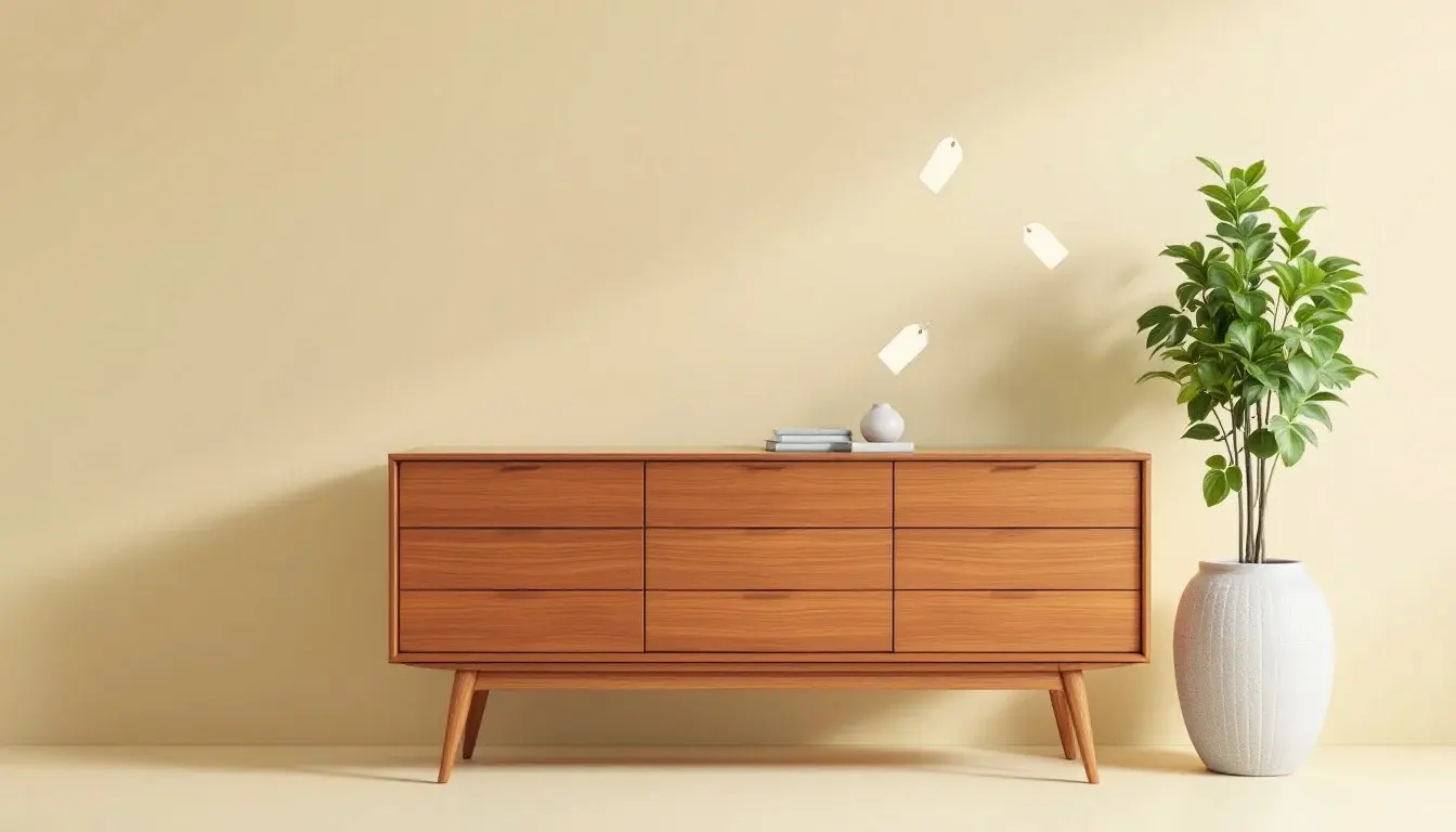 Mid-century vintage oak sideboard with clean lines, spacious drawers, and tapered legs in a stylish living space.