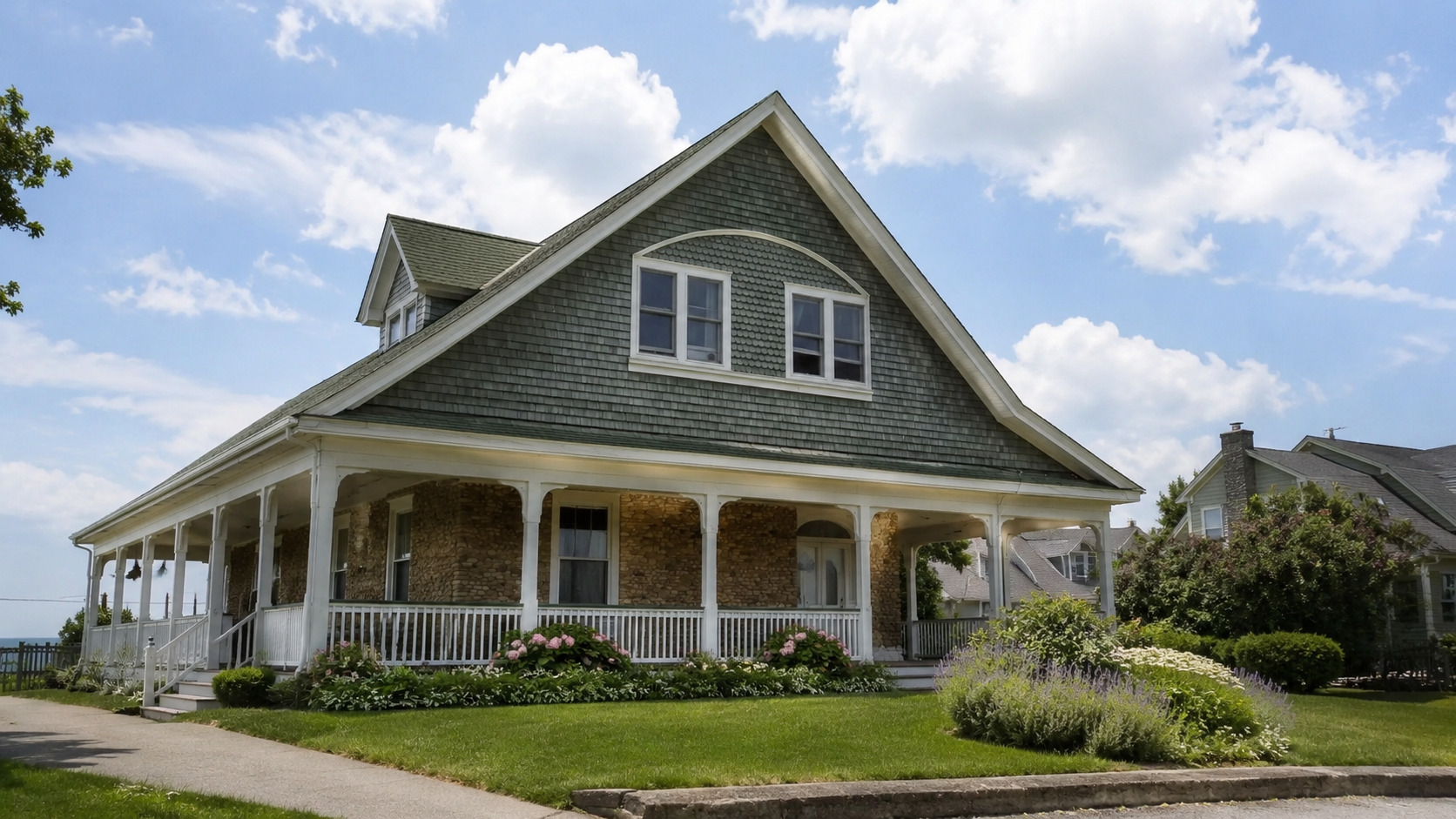 Exterior view of a 1930s-style house, showcasing its historic architecture and distinctive features.