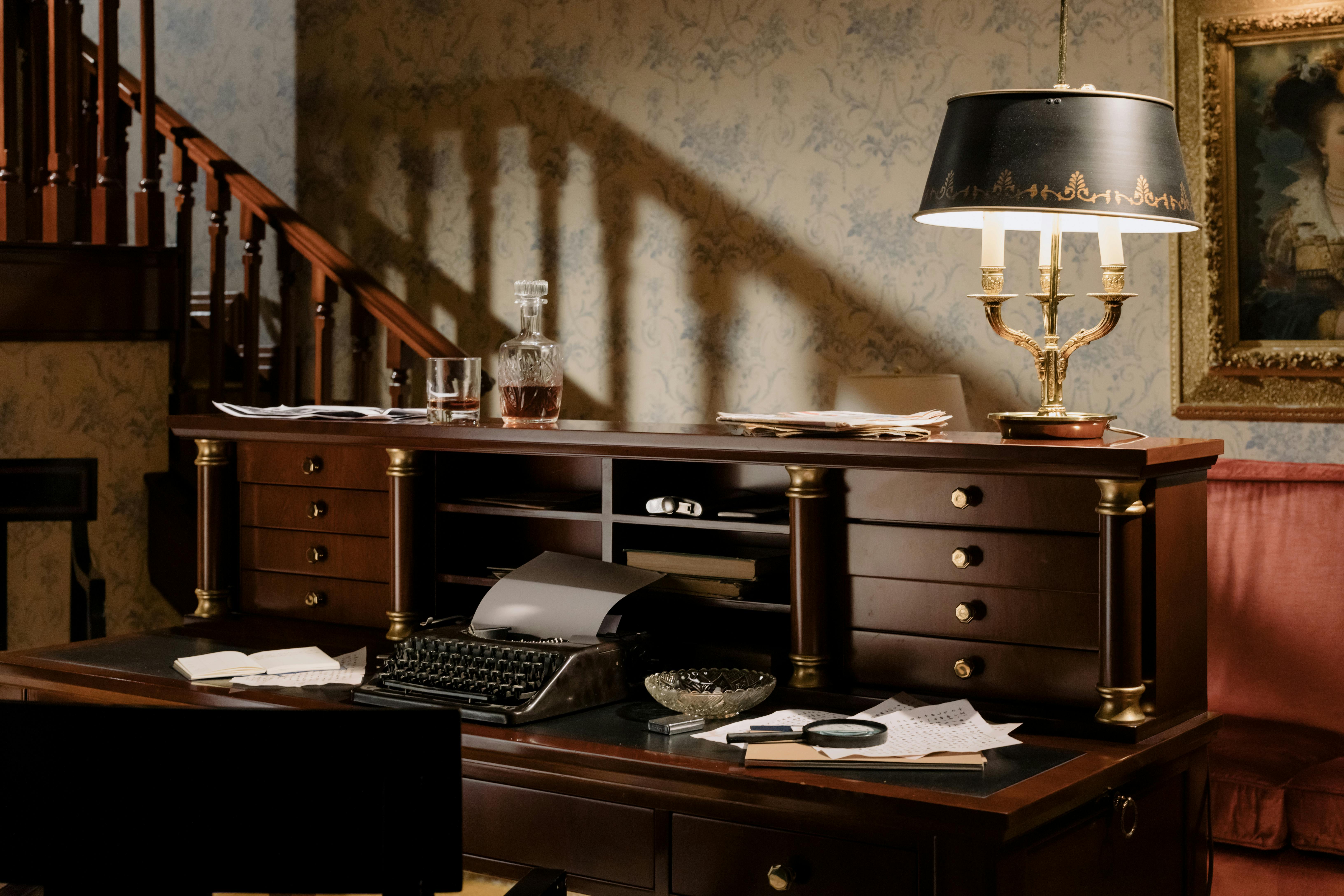 1940s office with original mahogany wood furniture and fine craftsmanship.