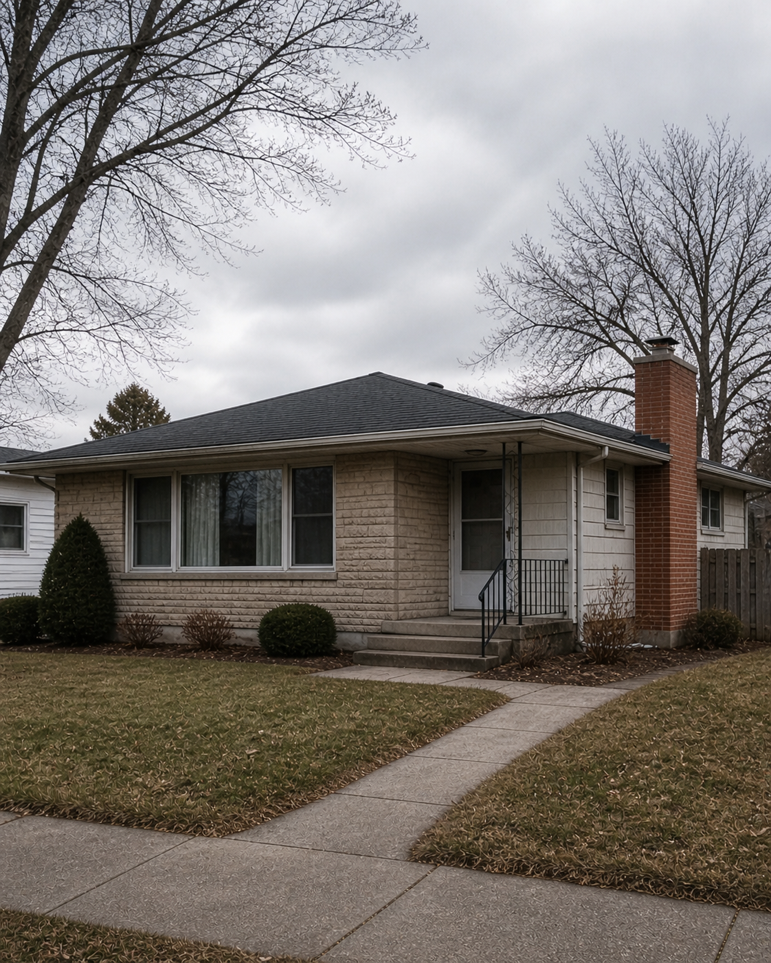 1950s ranch house with stone front, low roof, picture window, and brick chimney.