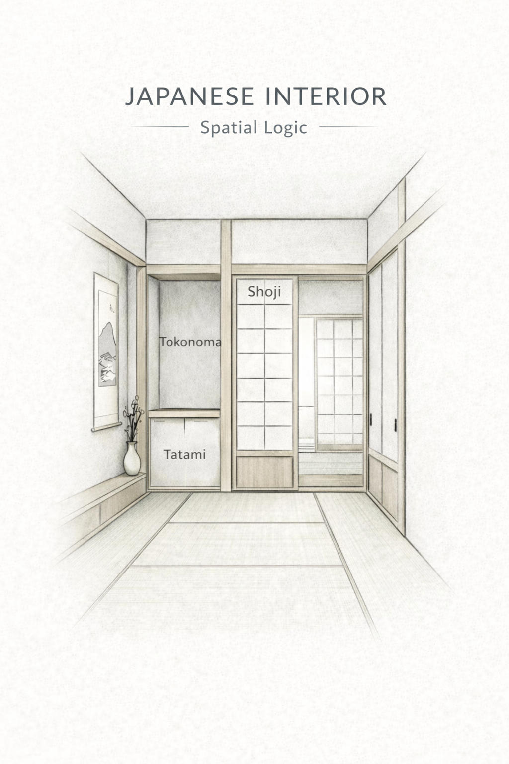 Traditional Japanese interior showing tokonoma, tatami, shoji, and oshiire in a calm room layout.