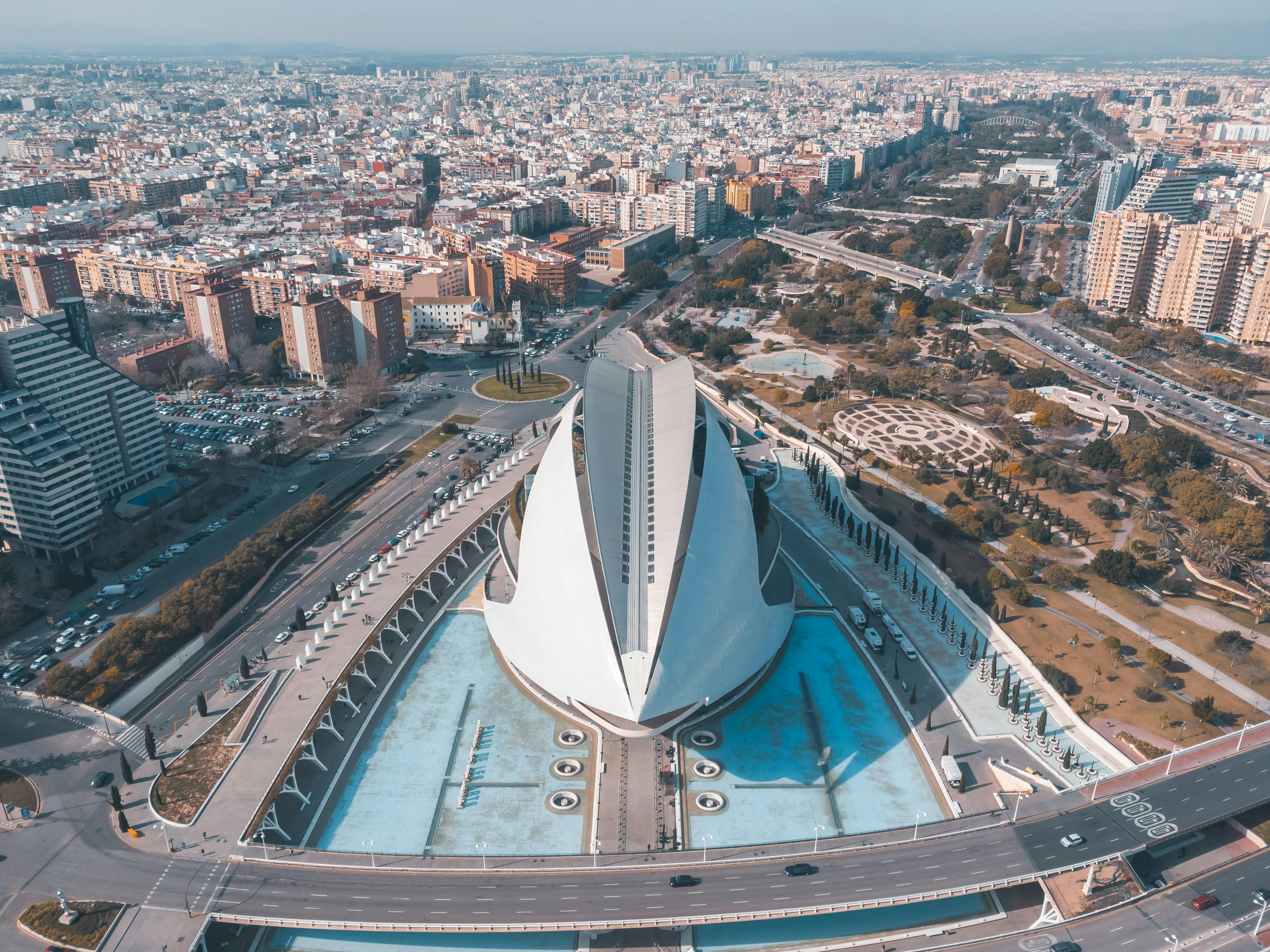 Aerial view of modern architecture in Valencia, Spain, showcasing innovative designs.