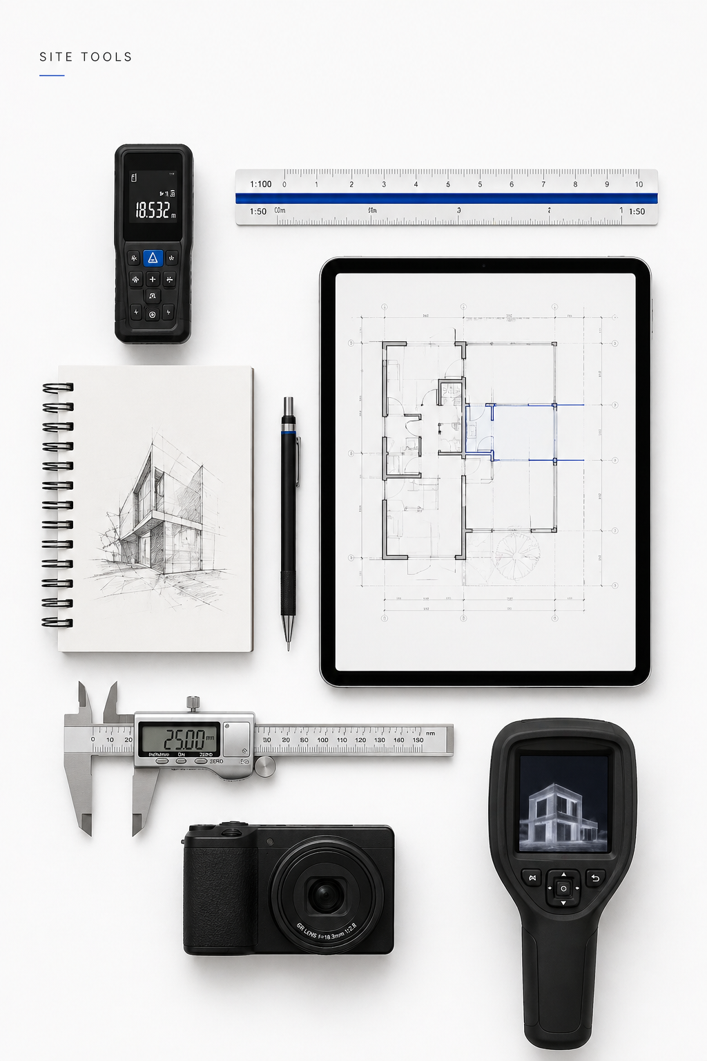 Infographic chart showing common tools used by architects, including digital software, physical models, VR, and hand sketches