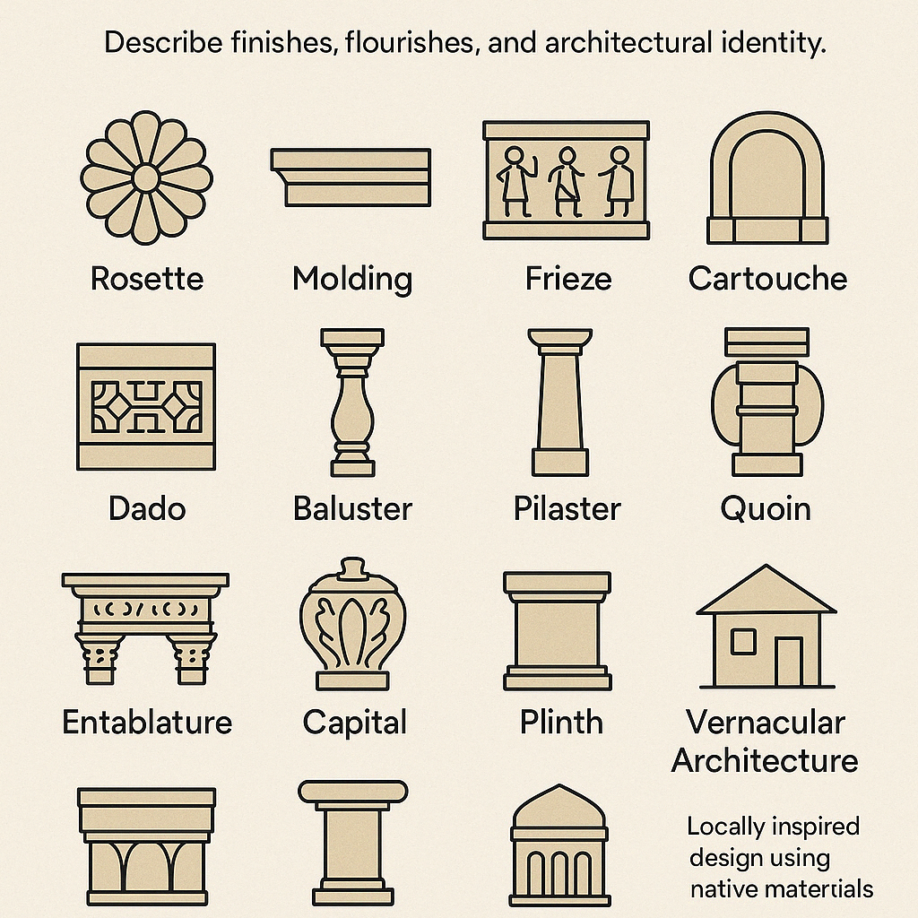 Educational infographic illustrating Islamic architecture terms like mihrab, minaret, mashrabiya, and muqarnas.