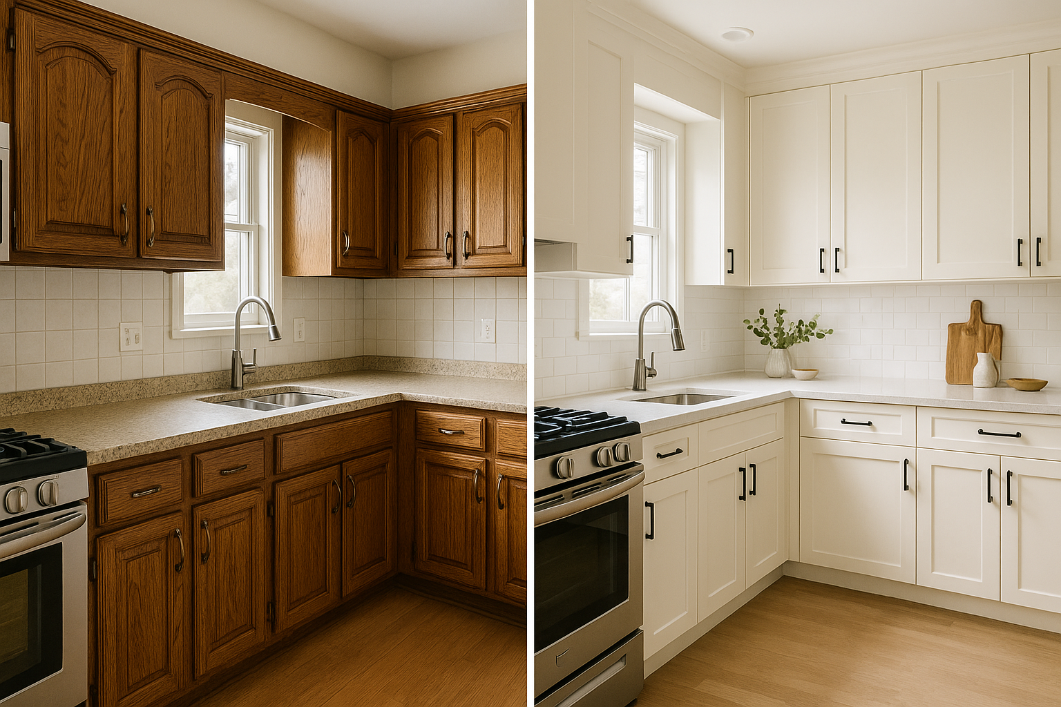 Side-by-side view of dark oak kitchen vs updated cream Shaker cabinet design.
