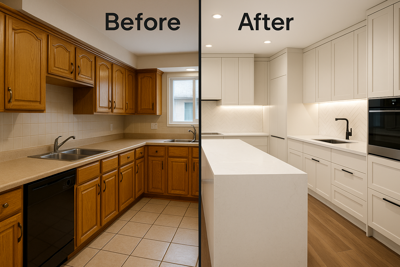 Golden oak kitchen transformed into modern cream design with quartz and herringbone tile.