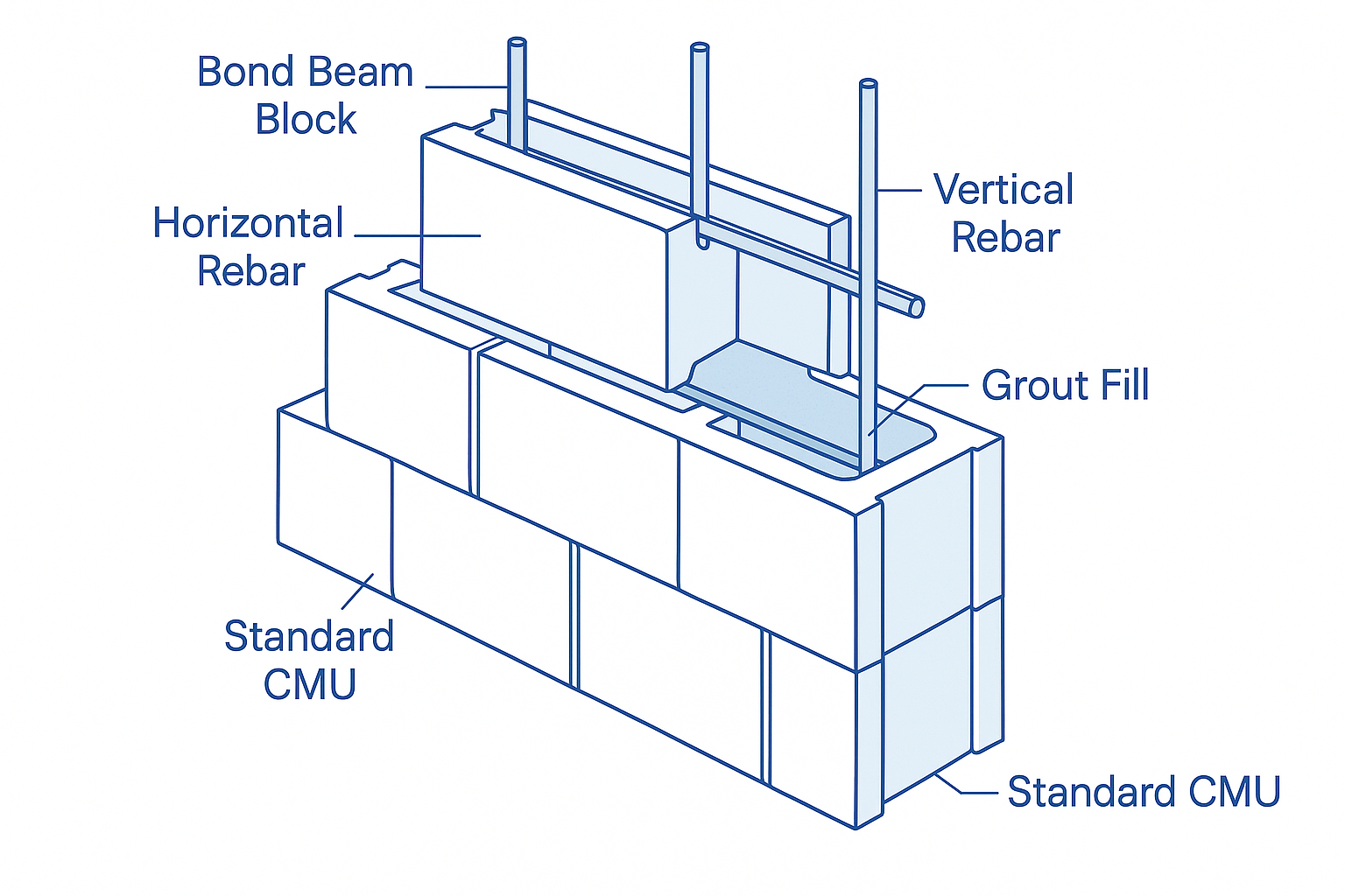 Bond beam concrete block wall with vertical and horizontal rebar.