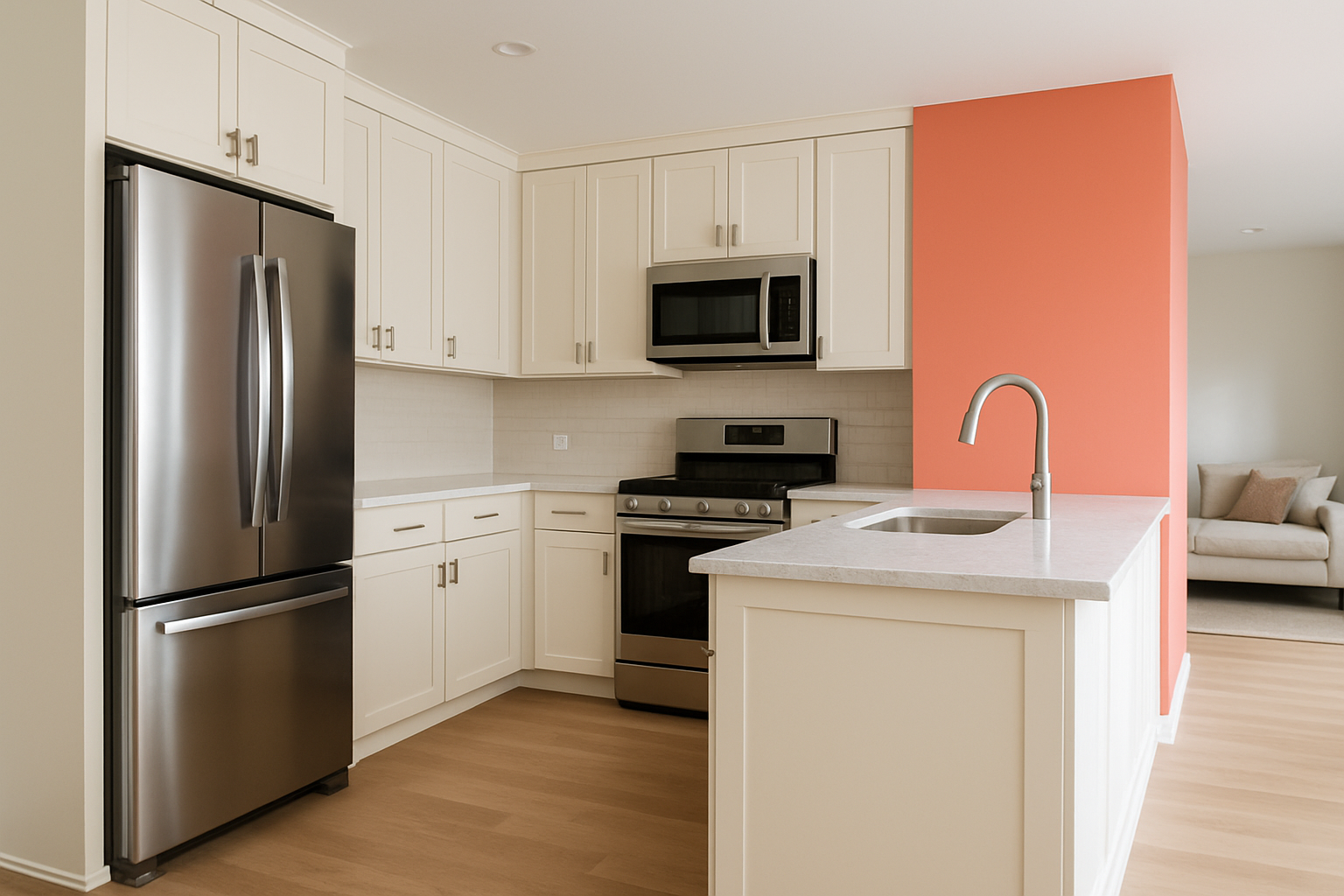 Bright kitchen with coral and cream cabinetry, creating a warm and inviting atmosphere.