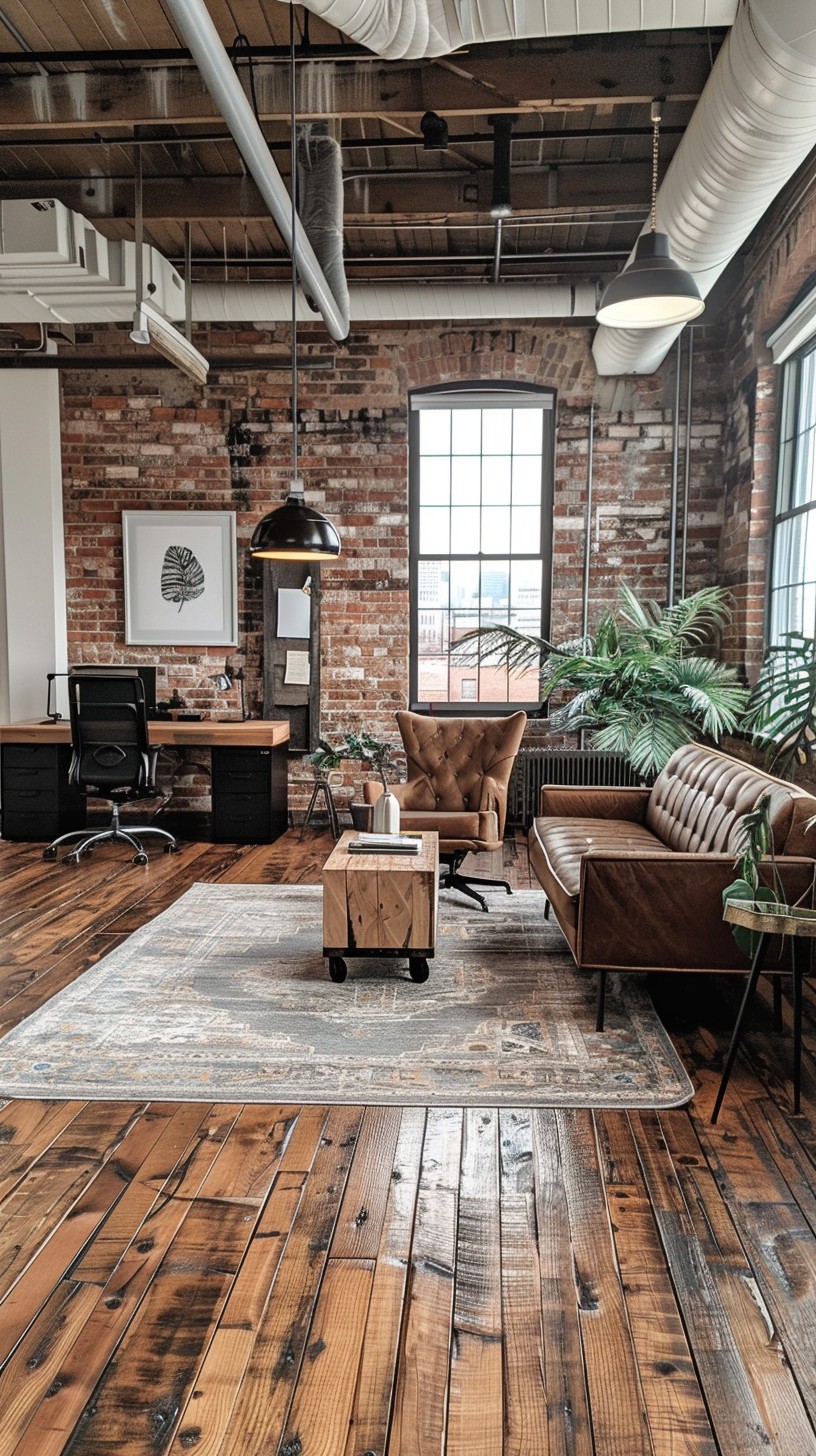 Stylish industrial loft interior with exposed brick walls, modern furniture, and open space.