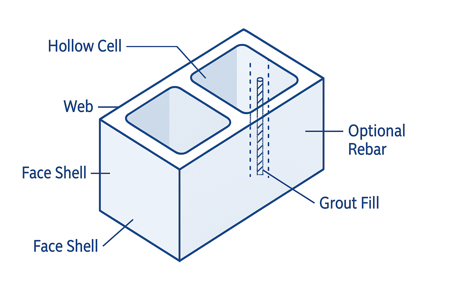 Isometric cinder block cut-away showing hollow cells, web, face shell, rebar, and grout fill.