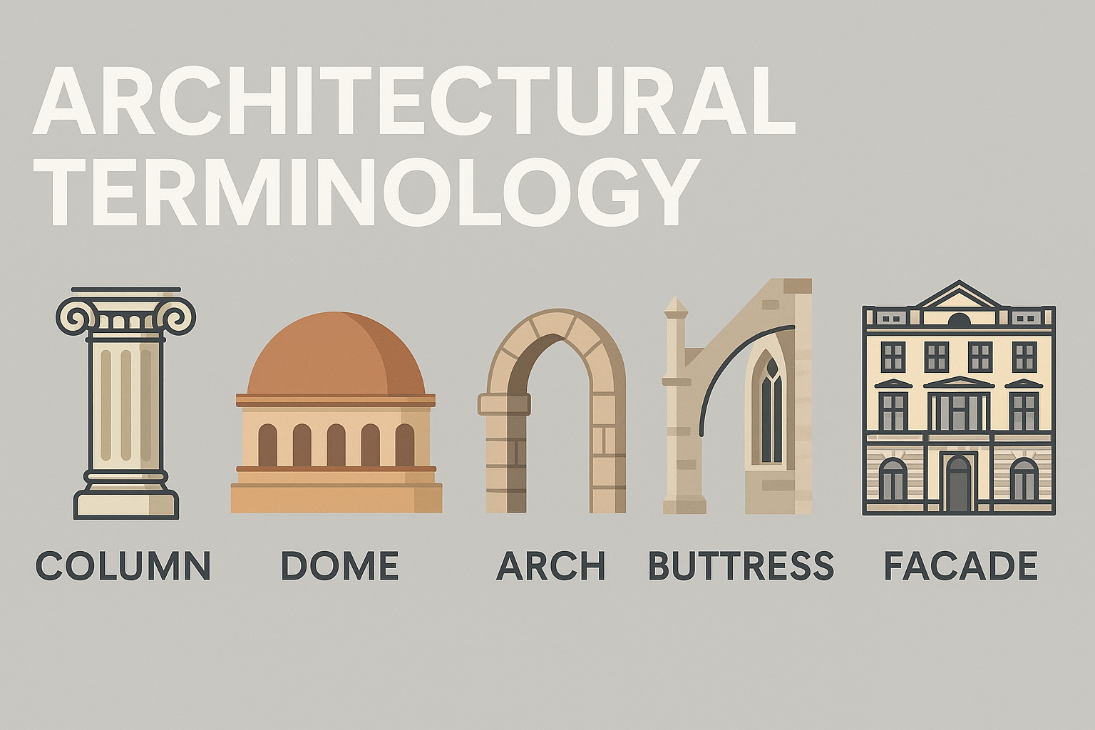 Educational infographic showing essential classical and historical architecture terms with labeled visuals.