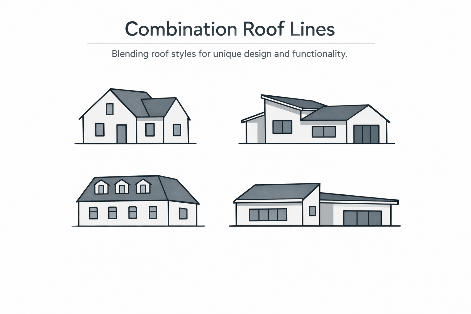 Diagram showing combination roof lines made from multiple roof families and intersections.